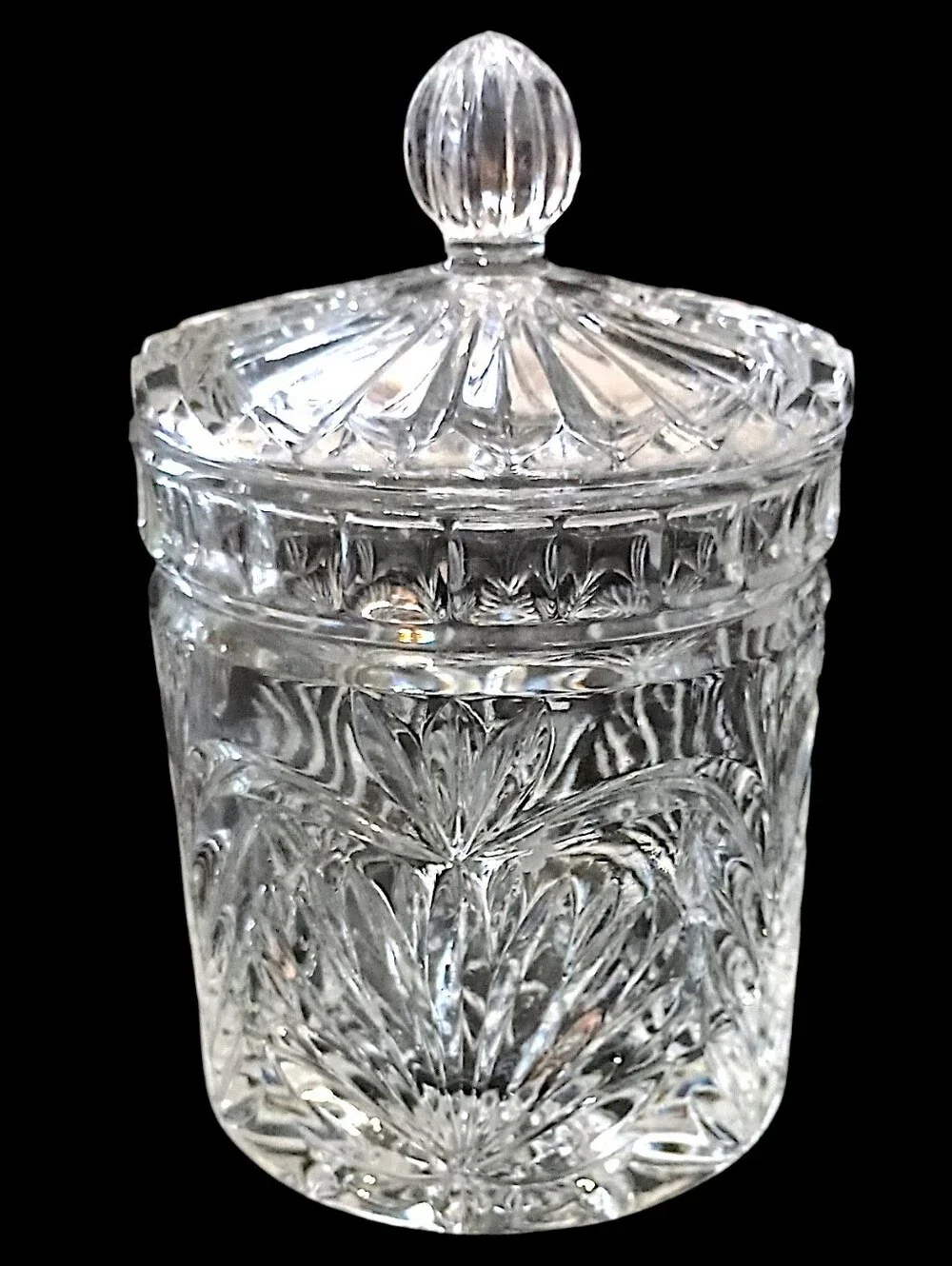 Vintage Crystal Biscuit Jar Candy 6” Lidded Vanity Canister Starburst Glass